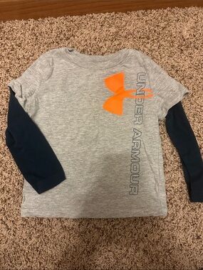Under Armour Grey Long Sleeve Layered-Look Tee with Orange Logo and Navy Sleeves